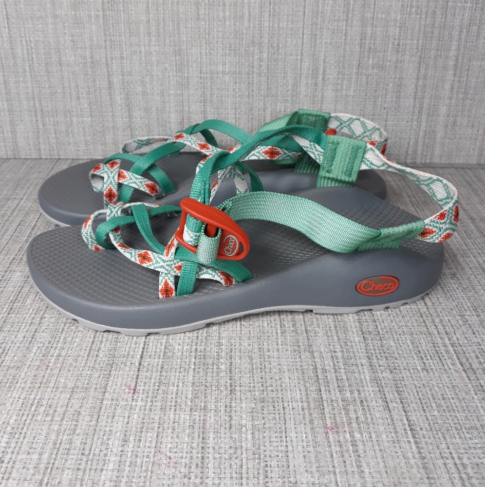 Chaco Women's Teal Green and Gray Strappy Sandals with Orange Accents